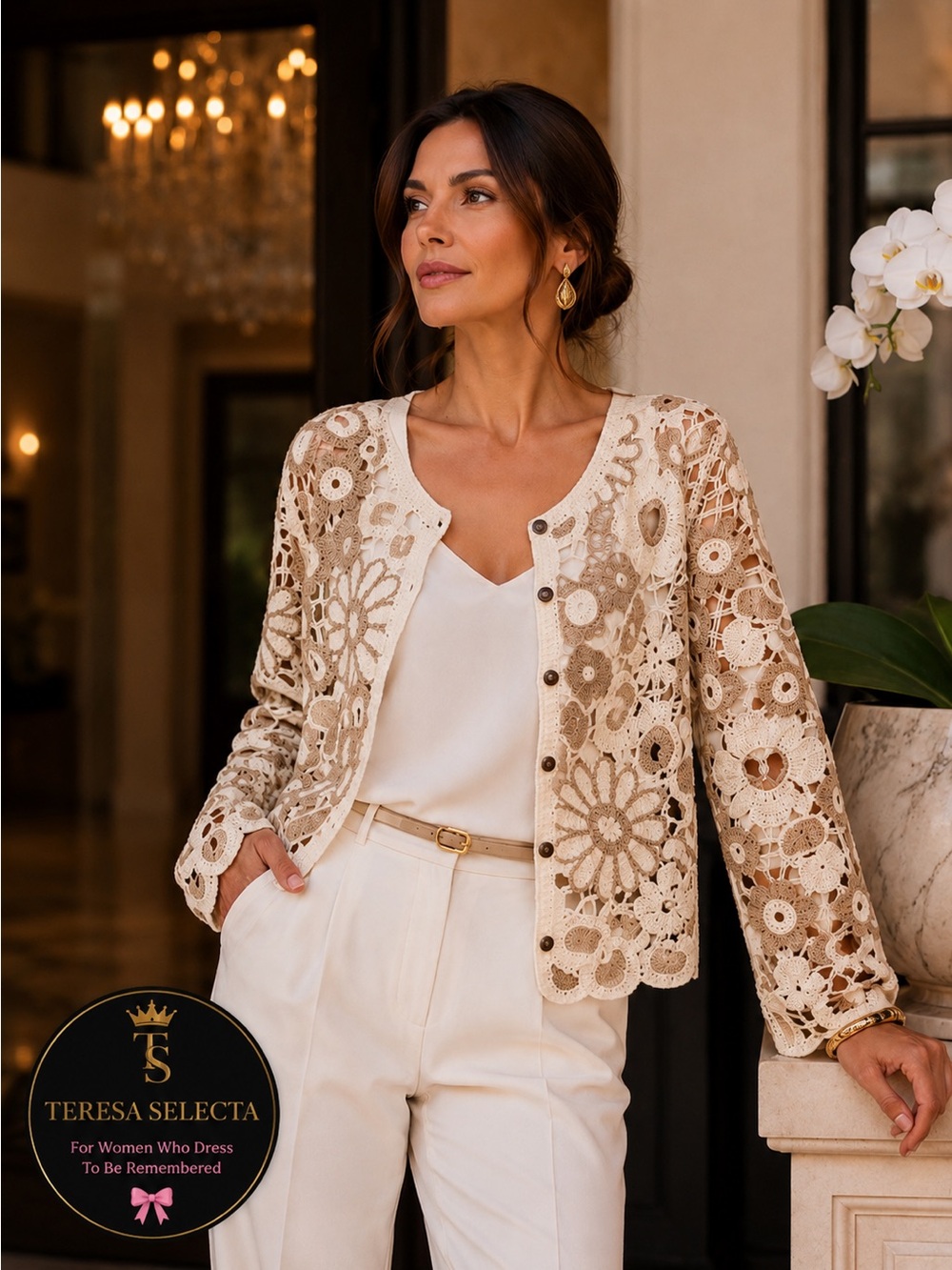 SAACHI Floral Crochet Cropped Topper Brown Cream Button Front One Size